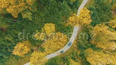 空中跟随视频汽车沿着蜿蜒的道路行驶，穿过秋天的森林，有绿色和黄色的树梢。